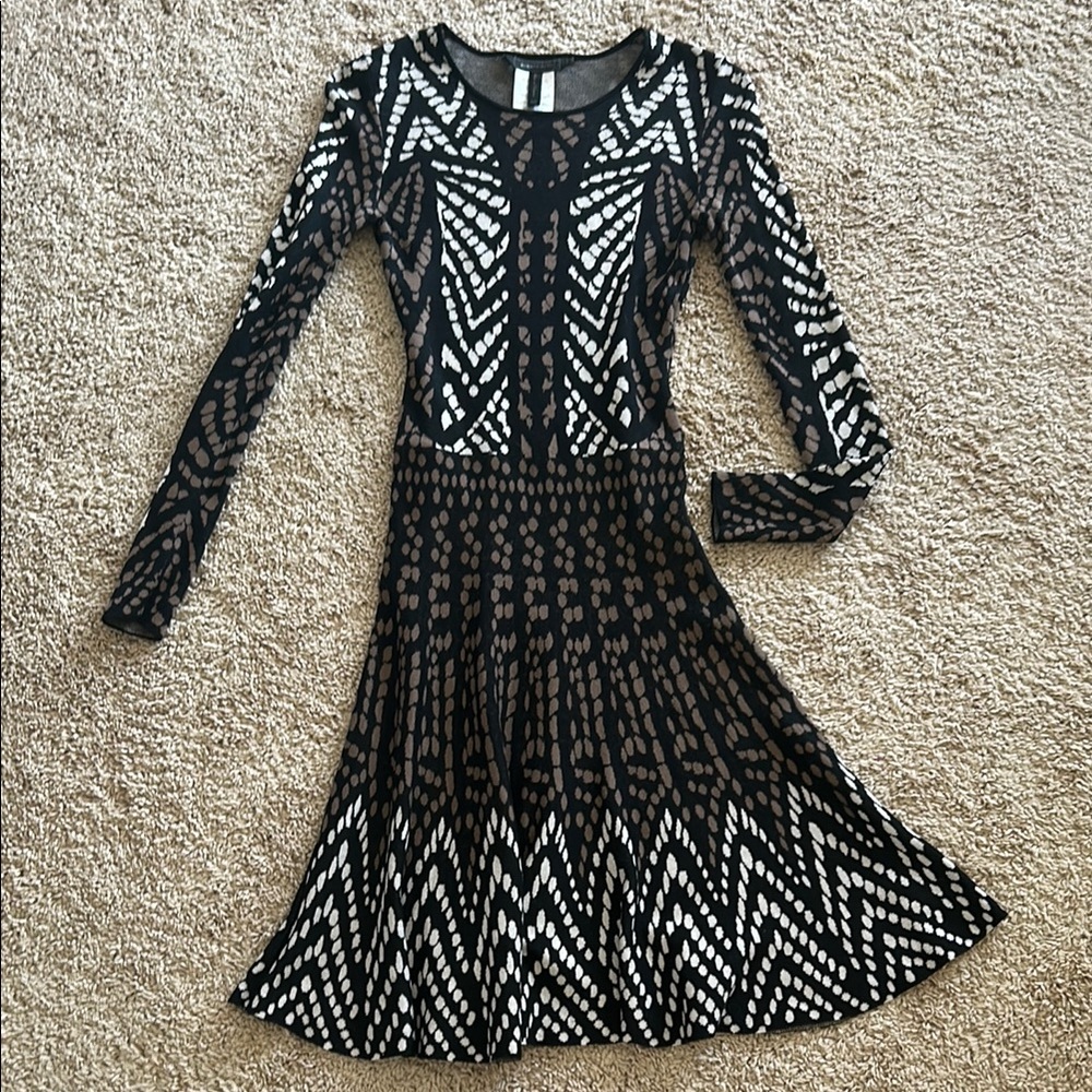 BCBGMaxAzria Black and White Fit and Flare Long Sleeve Dress